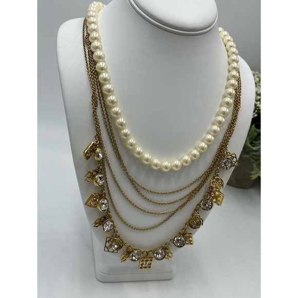 Ann Taylor Faux Pearl Rhinestone Six-Strand Statement Runway Necklace $90 MSRP - Picture 3 of 11